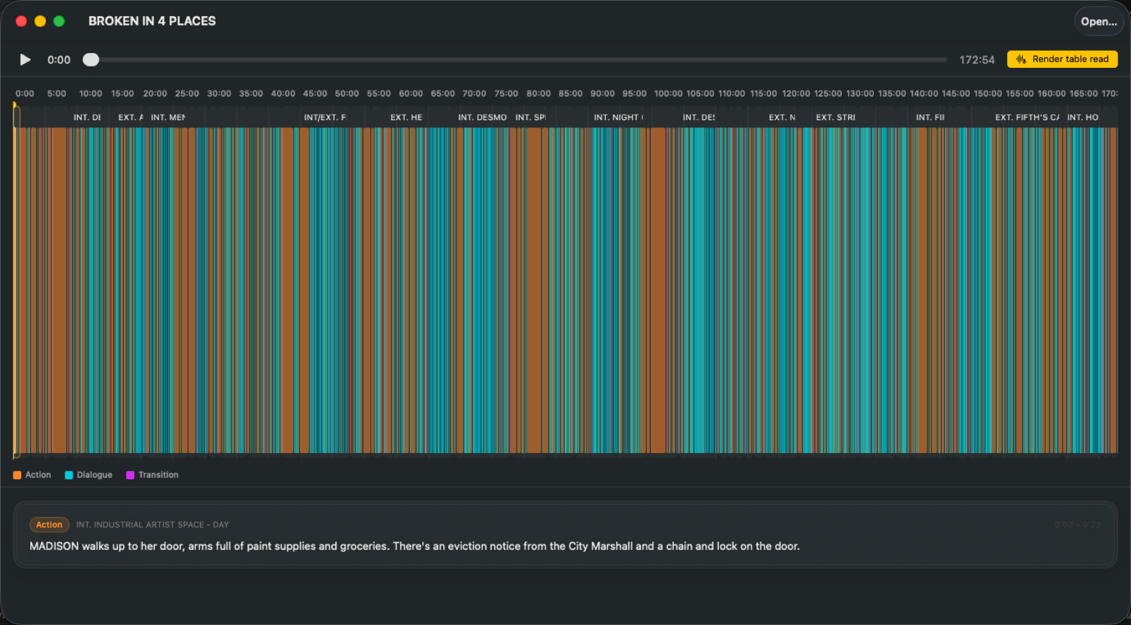 Khaos Machine Story Player showing the composition timeline with scene segments, beats, and a transport for story-aware playback